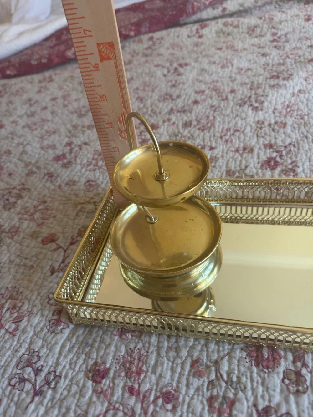 Gold Decorative Vanity Tray and Two-Tier Stand - Elegant Home Bath Accent